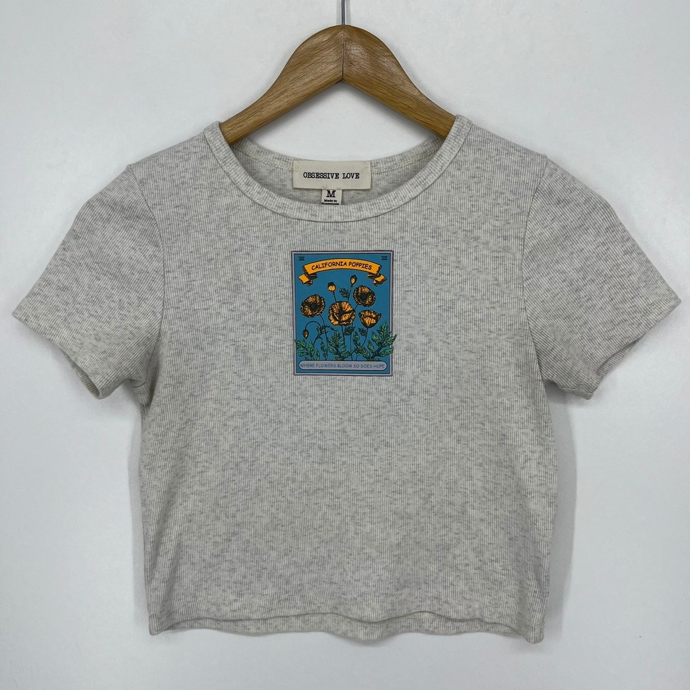 Obsessive Love Womens California Poppies Graphic Ribbed Crop Top Gray Medium